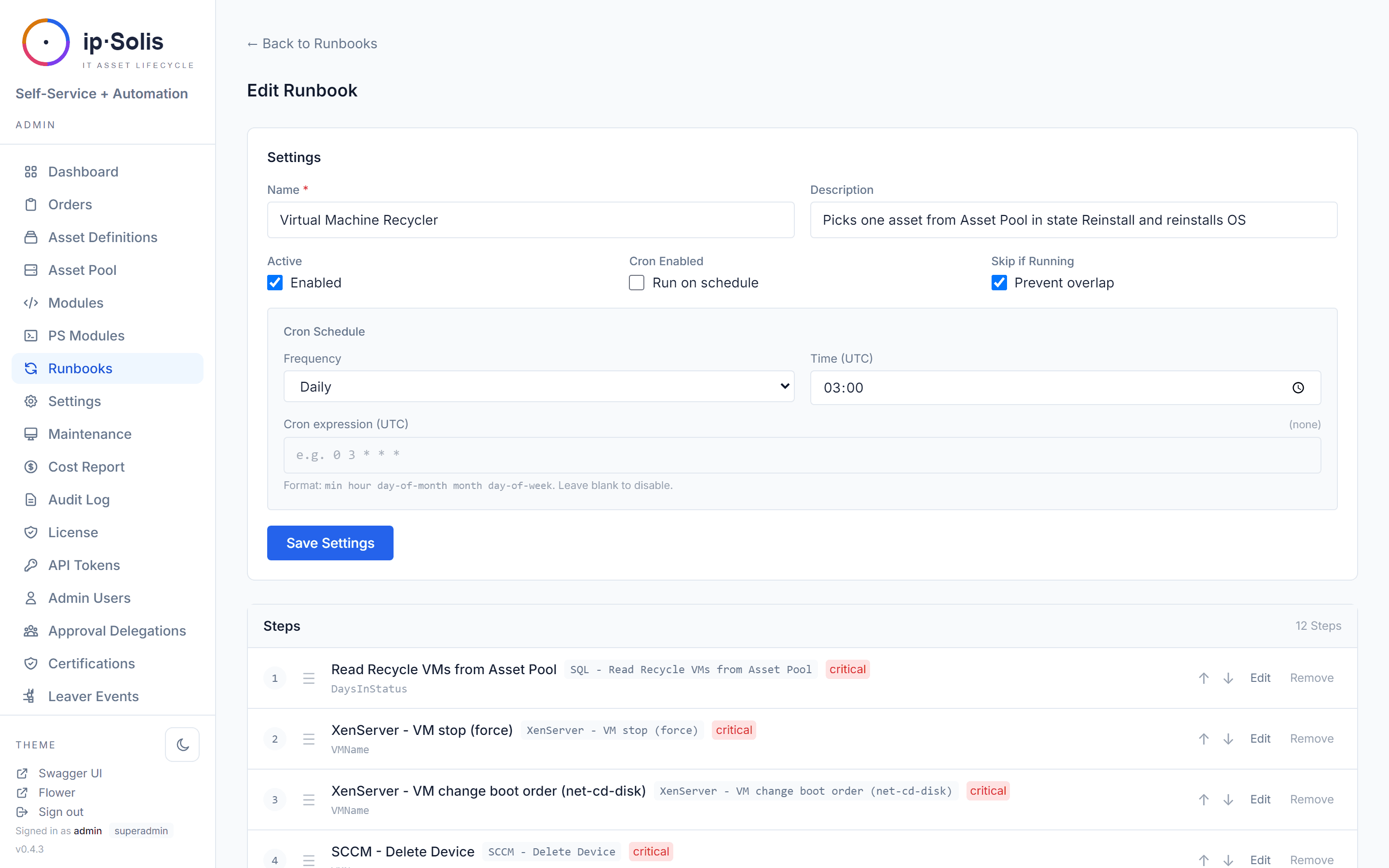 A runbook editor with chained PowerShell steps, schedule rules and a critical-step toggle.